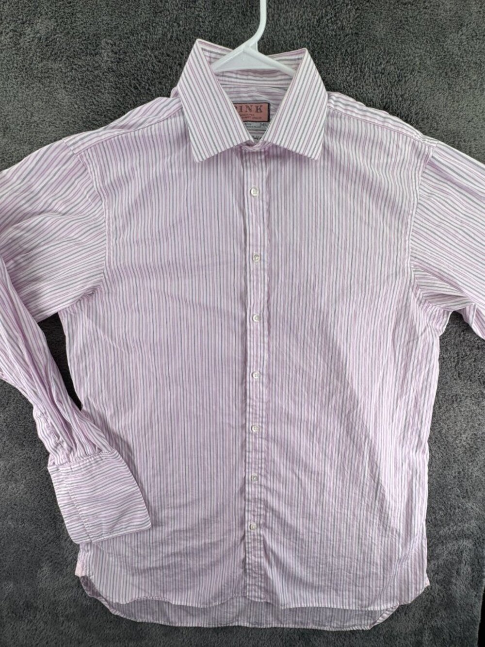 Thomas Pink Long Sleeve Casual Button Up Shirt Striped Pink 16 34.5 Superfine